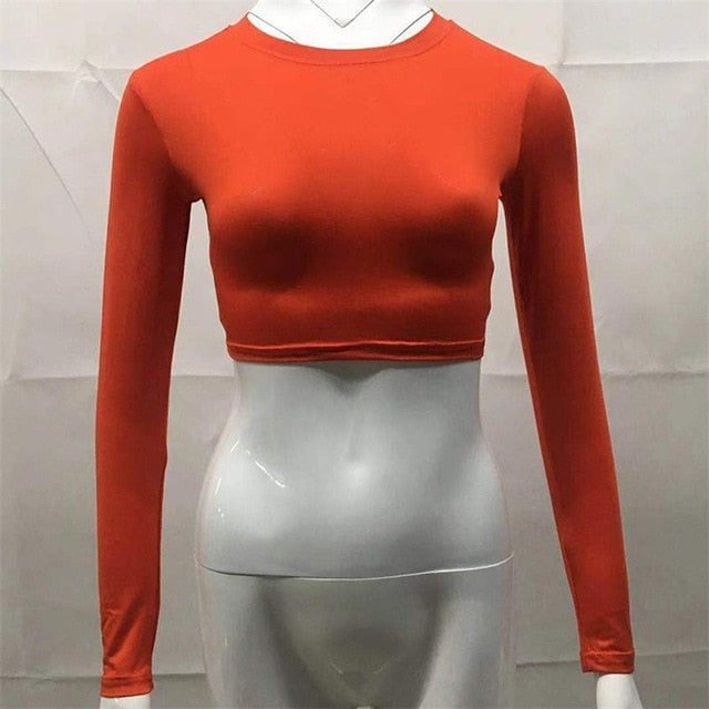 Women Sexy Short T-shirts Fashion Long Sleeve T-shirt Autumn Female Basic Tees Silm Solid Color Crooped Tops