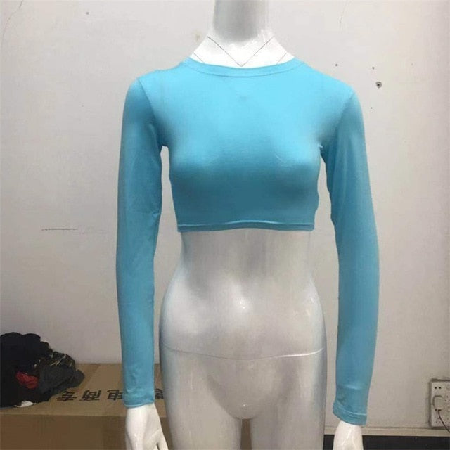 Women Sexy Short T-shirts Fashion Long Sleeve T-shirt Autumn Female Basic Tees Silm Solid Color Crooped Tops