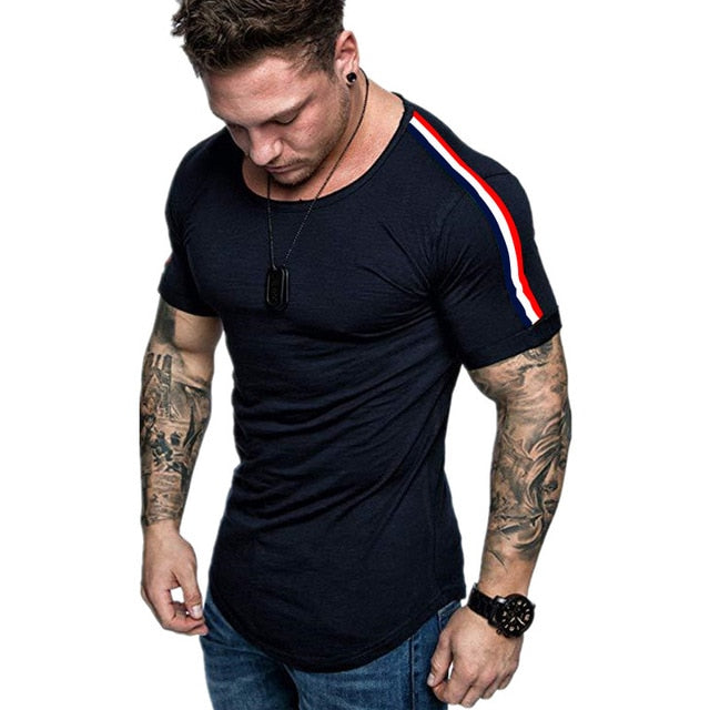Short Sleeve Zipper Shoulder Streetwear Hip Hop Summer T Shirt Men Longline Curved Hem Tshirt Slim Funny T-Shirt Plus Size M-3XL