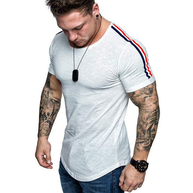Short Sleeve Zipper Shoulder Streetwear Hip Hop Summer T Shirt Men Longline Curved Hem Tshirt Slim Funny T-Shirt Plus Size M-3XL