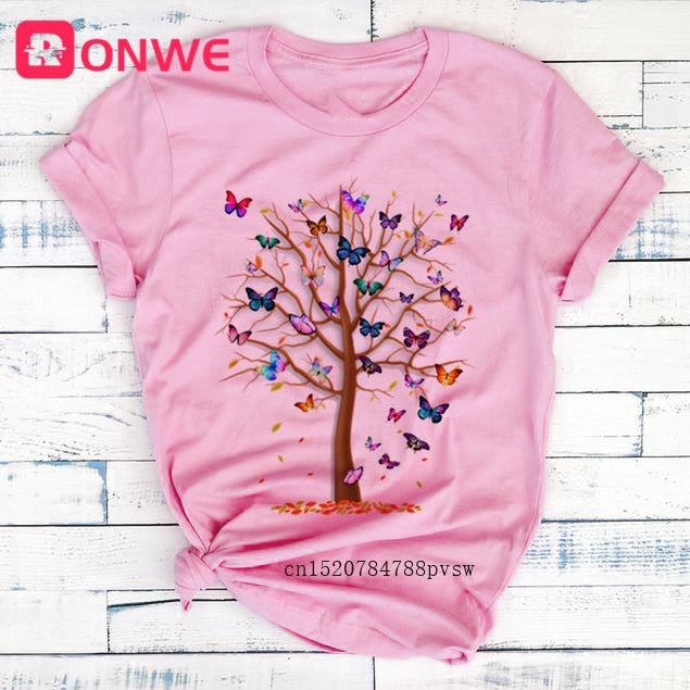 Woman Butterfly Tree Print Harajuku Summer Tshirts Casual Round Neck Short Slee Top Tee Shirt,Drop Ship