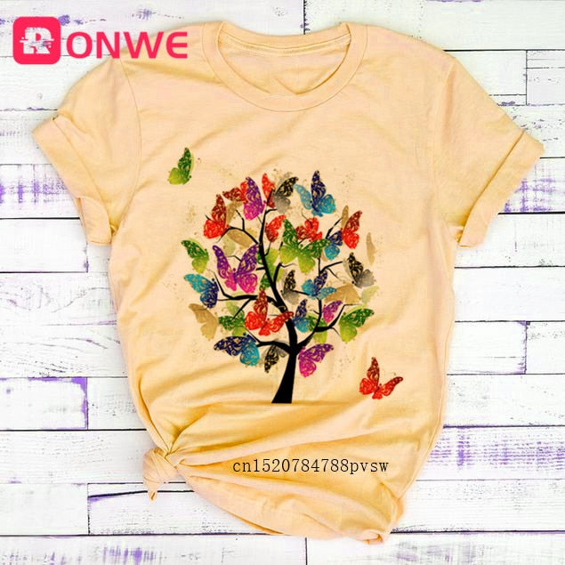 Woman Butterfly Tree Print Harajuku Summer Tshirts Casual Round Neck Short Slee Top Tee Shirt,Drop Ship