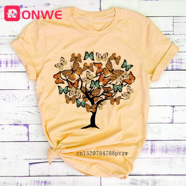 Woman Butterfly Tree Print Harajuku Summer Tshirts Casual Round Neck Short Slee Top Tee Shirt,Drop Ship