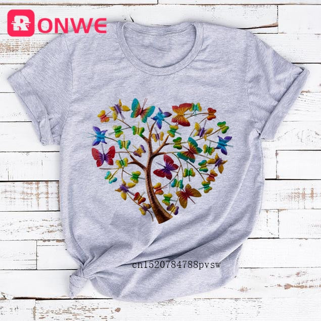 Woman Butterfly Tree Print Harajuku Summer Tshirts Casual Round Neck Short Slee Top Tee Shirt,Drop Ship