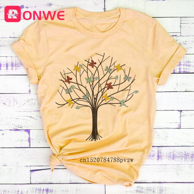 Woman Butterfly Tree Print Harajuku Summer Tshirts Casual Round Neck Short Slee Top Tee Shirt,Drop Ship