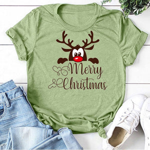 Funny Deer Head Printed Christmas T Shirt Women Short Sleeve Crewneck Harajuku Graphic Tees Shirts Christmas Holiday Gift Tops