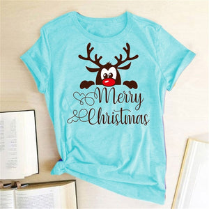 Funny Deer Head Printed Christmas T Shirt Women Short Sleeve Crewneck Harajuku Graphic Tees Shirts Christmas Holiday Gift Tops