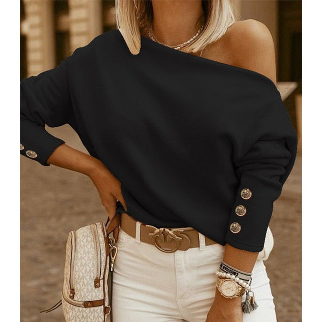 Women Off-Shoulder T-Shirt Ladies Solid Color Button Long Sleeve Autumn Winter Warm Casual Loose Tops