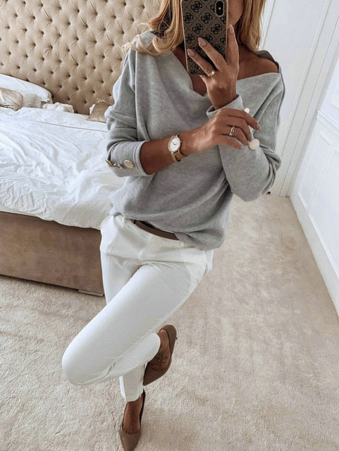 Women Off-Shoulder T-Shirt Ladies Solid Color Button Long Sleeve Autumn Winter Warm Casual Loose Tops