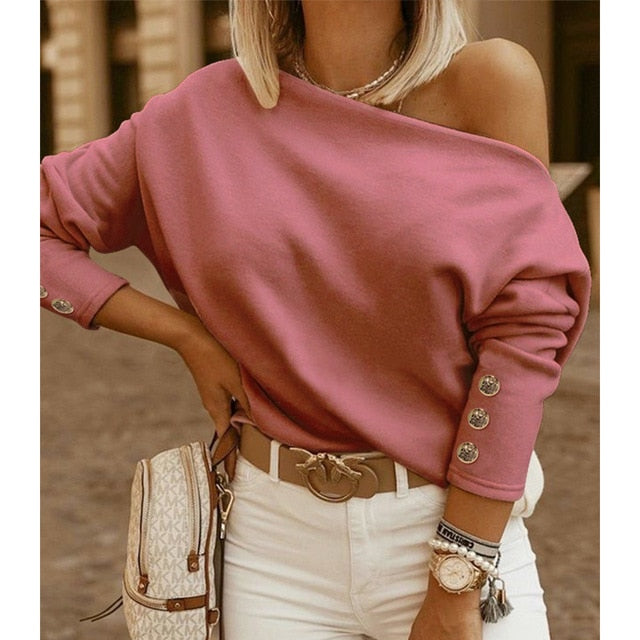 Women Off-Shoulder T-Shirt Ladies Solid Color Button Long Sleeve Autumn Winter Warm Casual Loose Tops