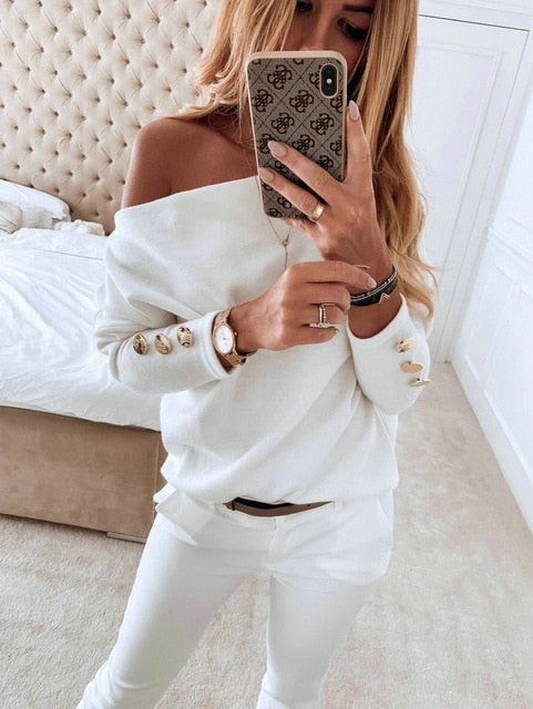 Women Off-Shoulder T-Shirt Ladies Solid Color Button Long Sleeve Autumn Winter Warm Casual Loose Tops