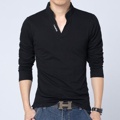 2020 T-Shirt Men Spring Cotton T Shirt Men Solid Color Tshirt Mandarin Collar Long Sleeve Top Men Brand Slim Fit Tee Shirts 5XL