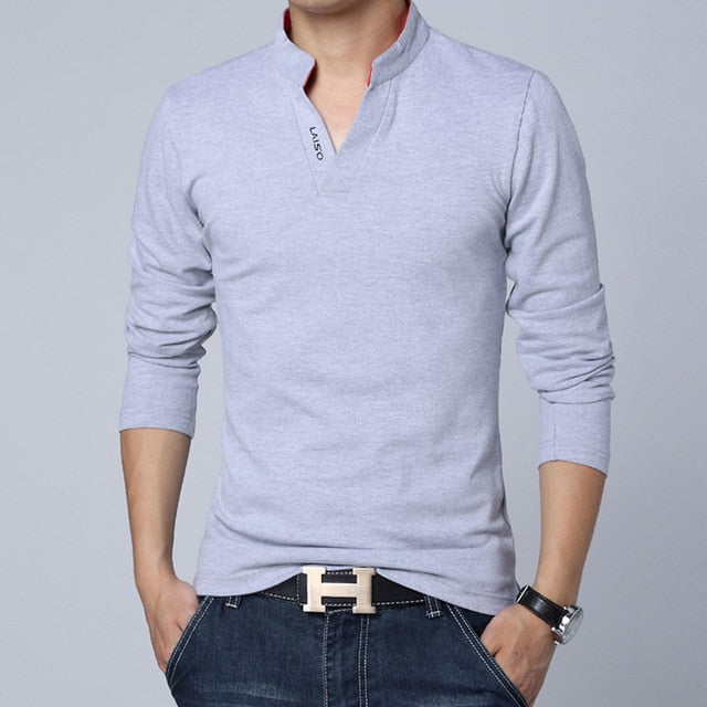 2020 T-Shirt Men Spring Cotton T Shirt Men Solid Color Tshirt Mandarin Collar Long Sleeve Top Men Brand Slim Fit Tee Shirts 5XL