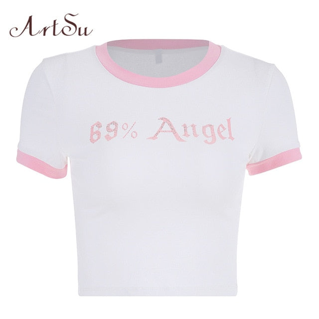 Women Letter Print Femme Sexy Short Sleeve T Shirt Cute Candy Color Mujer Summer O-Neck Crop Top Streetwear