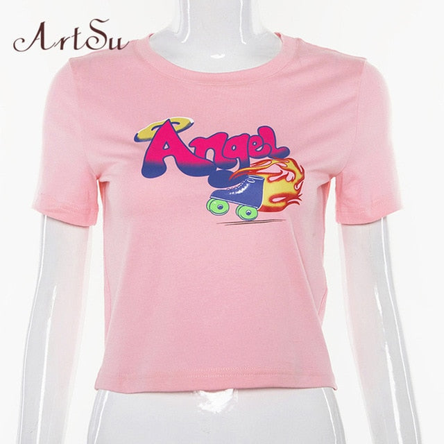 Women Letter Print Femme Sexy Short Sleeve T Shirt Cute Candy Color Mujer Summer O-Neck Crop Top Streetwear