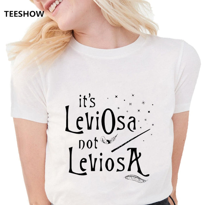 New Fashion Funny Feather T Shirts Women it's LeviOsa not LeviosA Letter graphic Print tees Soft Casual White T shirts Tops