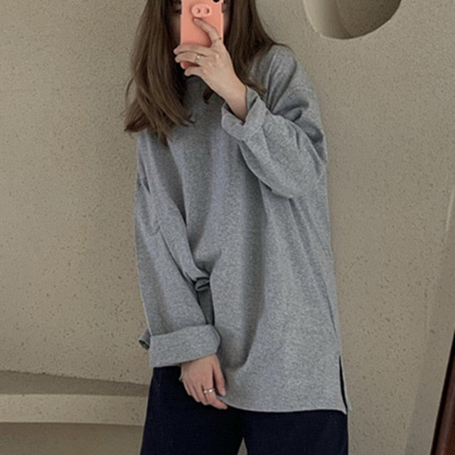 New 2020 Autumn Winter Women's Bottoming Oversize Solid Multi Colors Casual Fashionable T-shirt Minimalist Long Sleeve Tops T601