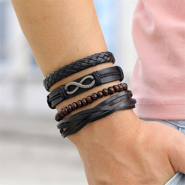 IFMIA Vintage Black Bead Bracelets For Men Fashion Hollow Triangle Leather Bracelet & Bangles Multilayer Wide Wrap Jewelry 2020