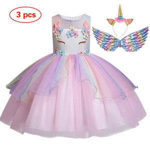 New Elsa Unicorn Dress for Girls Embroidery Ball Gown Baby Girl Princess Birthday Dresses for Party Costumes Children Clothing