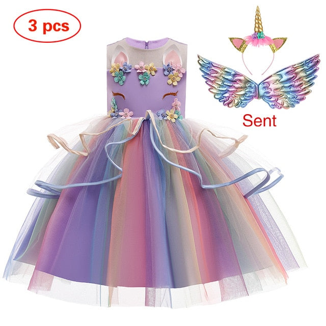 New Elsa Unicorn Dress for Girls Embroidery Ball Gown Baby Girl Princess Birthday Dresses for Party Costumes Children Clothing