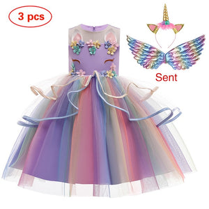 New Elsa Unicorn Dress for Girls Embroidery Ball Gown Baby Girl Princess Birthday Dresses for Party Costumes Children Clothing