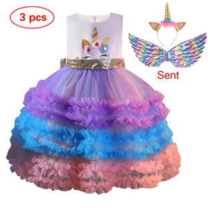 New Elsa Unicorn Dress for Girls Embroidery Ball Gown Baby Girl Princess Birthday Dresses for Party Costumes Children Clothing