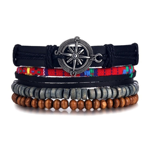 IFMIA Vintage Black Bead Bracelets For Men Fashion Hollow Triangle Leather Bracelet & Bangles Multilayer Wide Wrap Jewelry 2020