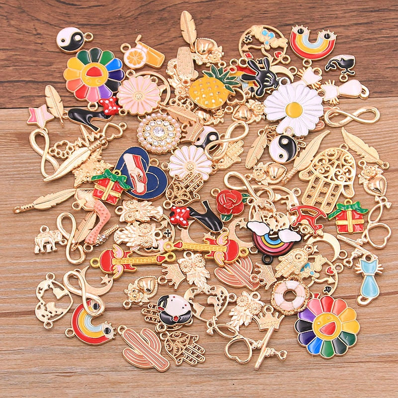 Random 20Pcs Mix Size 10- 200 Style Alloy Metal Drop Oil Charms KC Gold Pendant For DIY Bracelet Necklace Jewelry Making