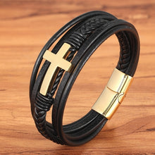 Luxury Multicolor Cross Design Classic Stainless Steel Men's Leather Bracelet 19/21/23 cm Choose Handsome Men's Christmas Gifts