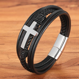 Luxury Multicolor Cross Design Classic Stainless Steel Men's Leather Bracelet 19/21/23 cm Choose Handsome Men's Christmas Gifts