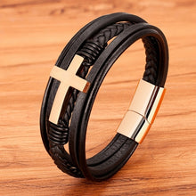 Luxury Multicolor Cross Design Classic Stainless Steel Men's Leather Bracelet 19/21/23 cm Choose Handsome Men's Christmas Gifts