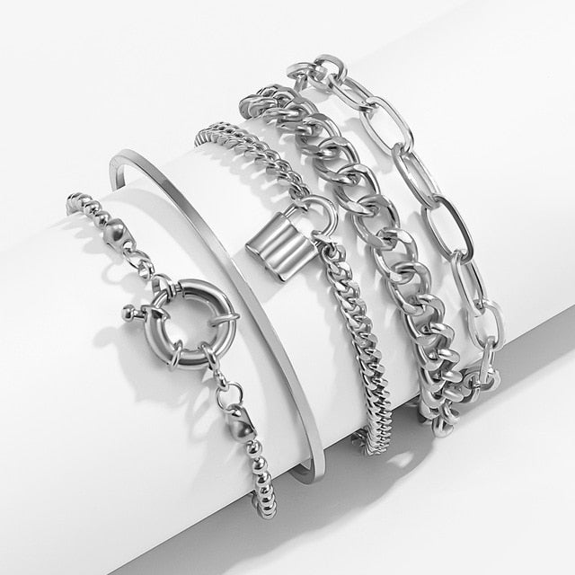 PuRui 4pcs Punk Curb Cuban Chain Bracelets Set for Women Miami Boho Thick Gold Color Charm Bracelets Bangles Fashion Jewelry