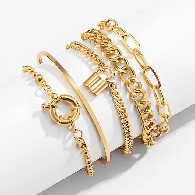 PuRui 4pcs Punk Curb Cuban Chain Bracelets Set for Women Miami Boho Thick Gold Color Charm Bracelets Bangles Fashion Jewelry