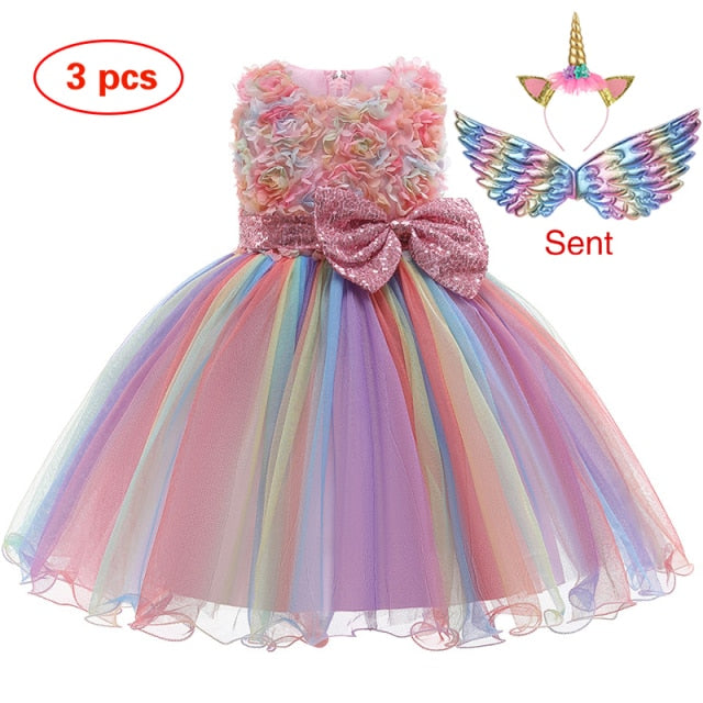 New Elsa Unicorn Dress for Girls Embroidery Ball Gown Baby Girl Princess Birthday Dresses for Party Costumes Children Clothing