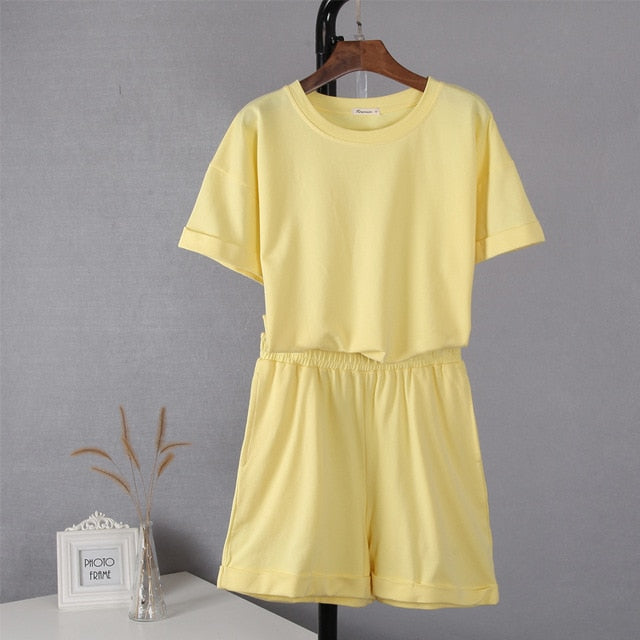 Hirsionsan Summer Cotton Sets Women Casual Two Pieces Short Sleeve T Shirts and High Waist Short Pants Solid Outfits Tracksuit