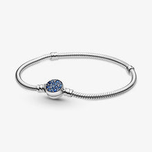 Charms 925 Sterling Solid Silver Bracelet Heart T-Bar Cuff Chain Sparkling Blue Disc Clasp Snake Chain Bracelet Women Jewelry