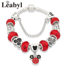 2020 Classic Design Red Crystal Mickey Minnie Pendant Bead Bracelet Silver Color Heart Charm Jewelry Bracelet Pulsera Mujer