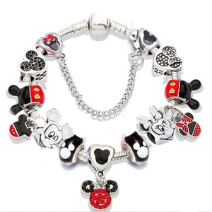 2020 Classic Design Red Crystal Mickey Minnie Pendant Bead Bracelet Silver Color Heart Charm Jewelry Bracelet Pulsera Mujer