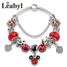 2020 Classic Design Red Crystal Mickey Minnie Pendant Bead Bracelet Silver Color Heart Charm Jewelry Bracelet Pulsera Mujer