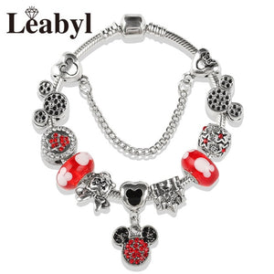 2020 Classic Design Red Crystal Mickey Minnie Pendant Bead Bracelet Silver Color Heart Charm Jewelry Bracelet Pulsera Mujer