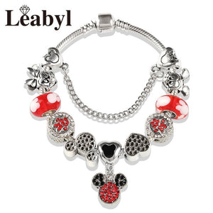 2020 Classic Design Red Crystal Mickey Minnie Pendant Bead Bracelet Silver Color Heart Charm Jewelry Bracelet Pulsera Mujer