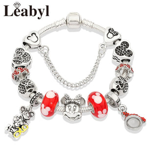 2020 Classic Design Red Crystal Mickey Minnie Pendant Bead Bracelet Silver Color Heart Charm Jewelry Bracelet Pulsera Mujer