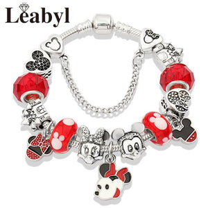 2020 Classic Design Red Crystal Mickey Minnie Pendant Bead Bracelet Silver Color Heart Charm Jewelry Bracelet Pulsera Mujer