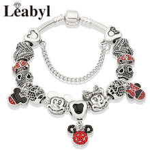 2020 Classic Design Red Crystal Mickey Minnie Pendant Bead Bracelet Silver Color Heart Charm Jewelry Bracelet Pulsera Mujer