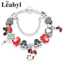 2020 Classic Design Red Crystal Mickey Minnie Pendant Bead Bracelet Silver Color Heart Charm Jewelry Bracelet Pulsera Mujer