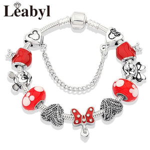 2020 Classic Design Red Crystal Mickey Minnie Pendant Bead Bracelet Silver Color Heart Charm Jewelry Bracelet Pulsera Mujer