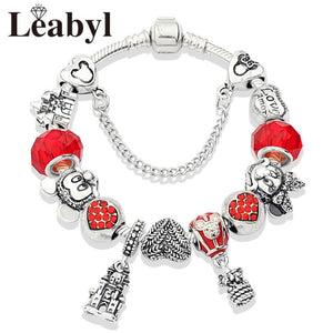 2020 Classic Design Red Crystal Mickey Minnie Pendant Bead Bracelet Silver Color Heart Charm Jewelry Bracelet Pulsera Mujer