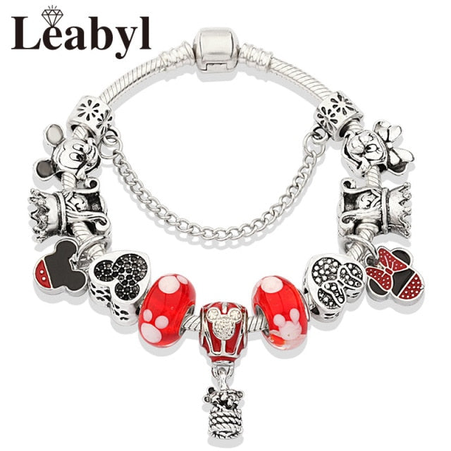 2020 Classic Design Red Crystal Mickey Minnie Pendant Bead Bracelet Silver Color Heart Charm Jewelry Bracelet Pulsera Mujer