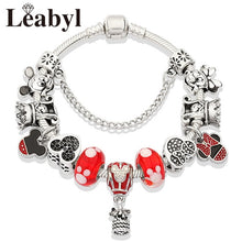 2020 Classic Design Red Crystal Mickey Minnie Pendant Bead Bracelet Silver Color Heart Charm Jewelry Bracelet Pulsera Mujer