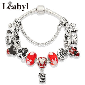 2020 Classic Design Red Crystal Mickey Minnie Pendant Bead Bracelet Silver Color Heart Charm Jewelry Bracelet Pulsera Mujer